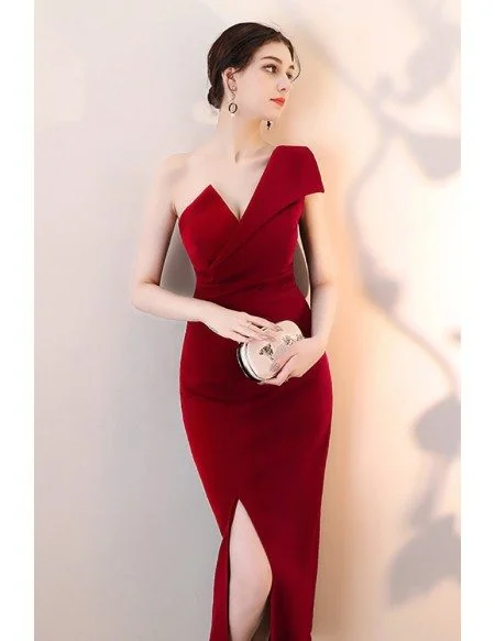 Sexy One Shoulder Burgundy Fitted Formal Dress with Slit