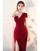 Sexy One Shoulder Burgundy Fitted Formal Dress with Slit