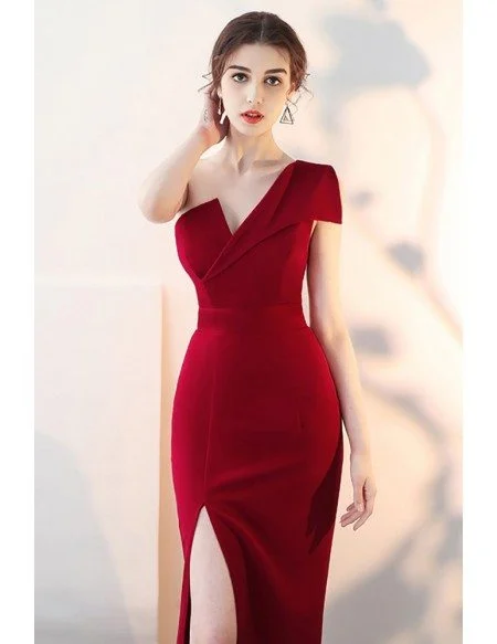 Sexy One Shoulder Burgundy Fitted Formal Dress with Slit