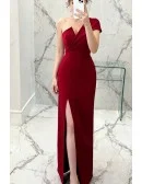 Sexy One Shoulder Burgundy Fitted Formal Dress with Slit