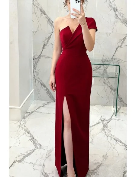 Sexy One Shoulder Burgundy Fitted Formal Dress with Slit