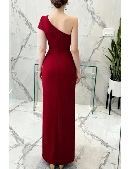 Sexy One Shoulder Burgundy Fitted Formal Dress with Slit