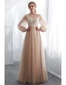 Modest Champagne Long Tulle Lace Party Dress With Fashion Sleeves