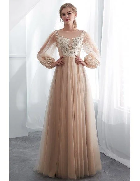 Modest Champagne Long Tulle Lace Party Dress With Fashion Sleeves