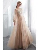 Modest Champagne Long Tulle Lace Party Dress With Fashion Sleeves