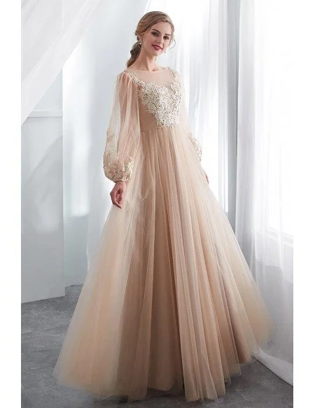 Modest Champagne Long Tulle Lace Party Dress With Fashion Sleeves