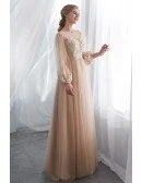 Modest Champagne Long Tulle Lace Party Dress With Fashion Sleeves