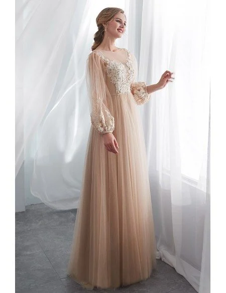 Modest Champagne Long Tulle Lace Party Dress With Fashion Sleeves