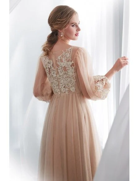Modest Champagne Long Tulle Lace Party Dress With Fashion Sleeves