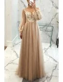 Modest Champagne Long Tulle Lace Party Dress With Fashion Sleeves