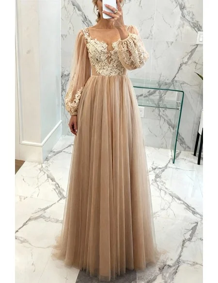 Modest Champagne Long Tulle Lace Party Dress With Fashion Sleeves