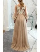 Modest Champagne Long Tulle Lace Party Dress With Fashion Sleeves