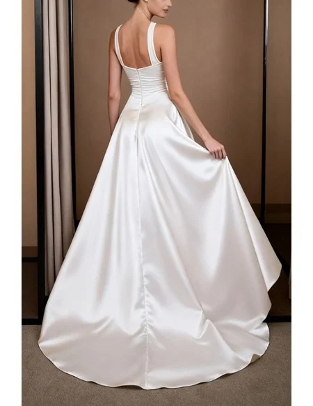 White Satin Wedding Dress With High Slit Draped Skirt
