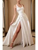 White Satin Wedding Dress With High Slit Draped Skirt