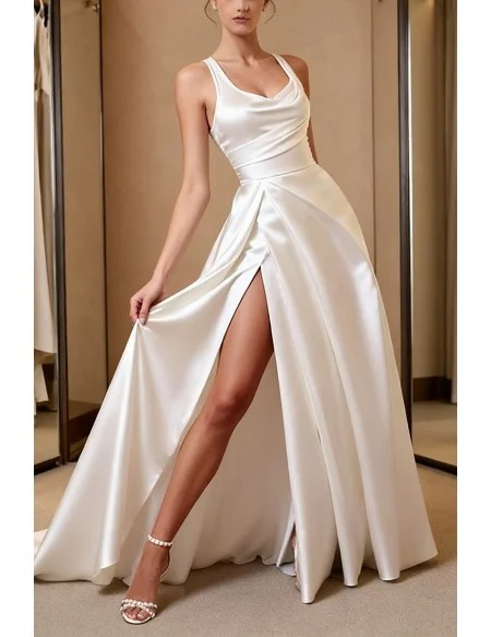 White Satin Wedding Dress With High Slit Draped Skirt