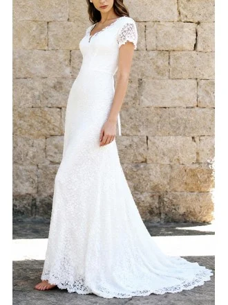 Graceful White Lace Wedding Dress With Short Sleeves And V Neckline