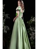 Cute Bubble Sleeves Square Neck Green Party Prom Dress For Formal