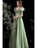 Cute Bubble Sleeves Square Neck Green Party Prom Dress For Formal
