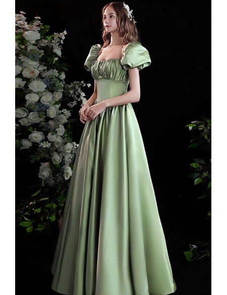 Cute Bubble Sleeves Square Neck Green Party Prom Dress For Formal