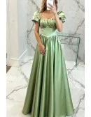 Cute Bubble Sleeves Square Neck Green Party Prom Dress For Formal