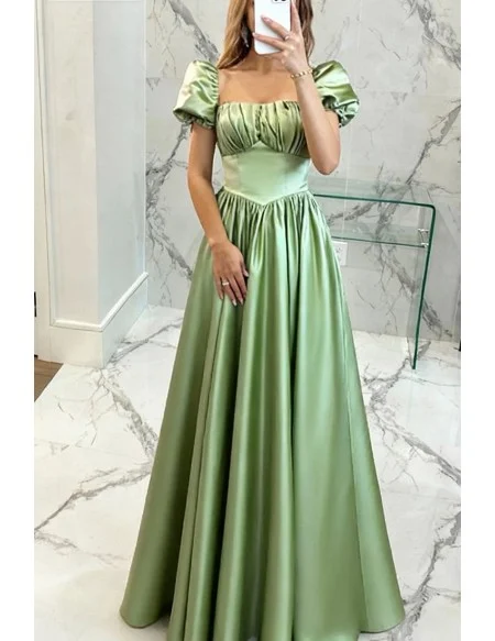 Cute Bubble Sleeves Square Neck Green Party Prom Dress For Formal