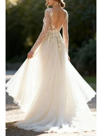 Gorgeous Vneck Tulle Long Sleeved Wedding Gown Featuring Lace Bodice