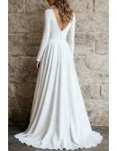 Ivory High Slit Wedding Dress With Long Sleeves And V-Neckline