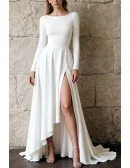 Ivory High Slit Wedding Dress With Long Sleeves And V-Neckline