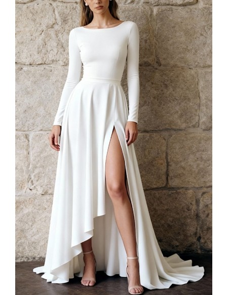 Ivory High Slit Wedding Dress With Long Sleeves And V-Neckline
