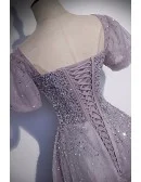 Purple Sequined Flowy Long Tulle Prom Dress With Bling Short Sleeves