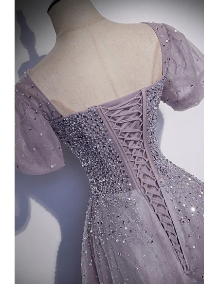 Purple Sequined Flowy Long Tulle Prom Dress With Bling Short Sleeves