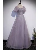Purple Sequined Flowy Long Tulle Prom Dress With Bling Short Sleeves