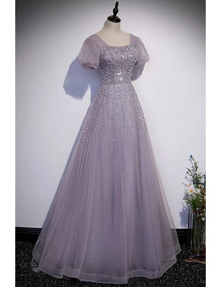 Purple Sequined Flowy Long Tulle Prom Dress With Bling Short Sleeves