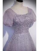 Purple Sequined Flowy Long Tulle Prom Dress With Bling Short Sleeves