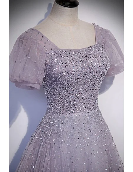 Purple Sequined Flowy Long Tulle Prom Dress With Bling Short Sleeves