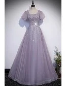 Purple Sequined Flowy Long Tulle Prom Dress With Bling Short Sleeves