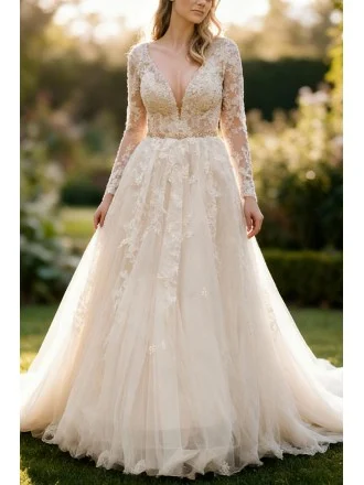Lace Long Sleeved Open Back Wedding Dress Featuring V Neckline And Sweep Train