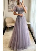 Purple Sequined Flowy Long Tulle Prom Dress With Bling Short Sleeves