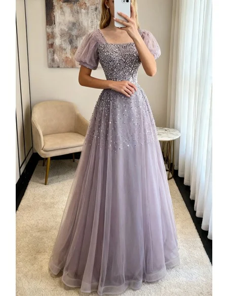 Purple Sequined Flowy Long Tulle Prom Dress With Bling Short Sleeves