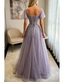 Purple Sequined Flowy Long Tulle Prom Dress With Bling Short Sleeves