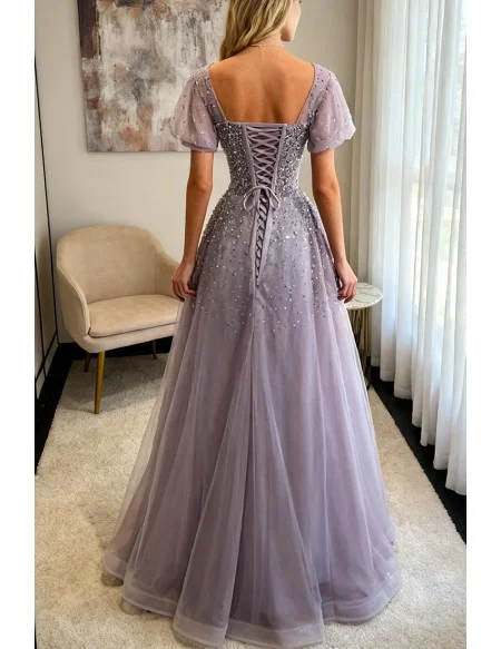 Purple Sequined Flowy Long Tulle Prom Dress With Bling Short Sleeves