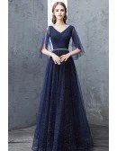 Navy Blue Sparkly Long Tulle Prom Dress With Puffy Sleeves Beaded Waist