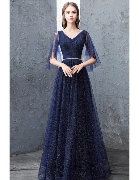 Navy Blue Sparkly Long Tulle Prom Dress With Puffy Sleeves Beaded Waist