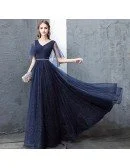 Navy Blue Sparkly Long Tulle Prom Dress With Puffy Sleeves Beaded Waist