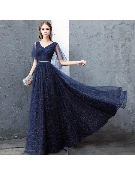 Navy Blue Sparkly Long Tulle Prom Dress With Puffy Sleeves Beaded Waist