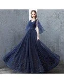 Navy Blue Sparkly Long Tulle Prom Dress With Puffy Sleeves Beaded Waist