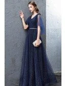Navy Blue Sparkly Long Tulle Prom Dress With Puffy Sleeves Beaded Waist