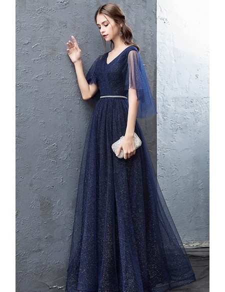 Navy Blue Sparkly Long Tulle Prom Dress With Puffy Sleeves Beaded Waist