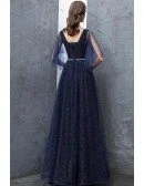 Navy Blue Sparkly Long Tulle Prom Dress With Puffy Sleeves Beaded Waist