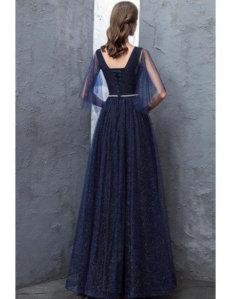 Navy Blue Sparkly Long Tulle Prom Dress With Puffy Sleeves Beaded Waist